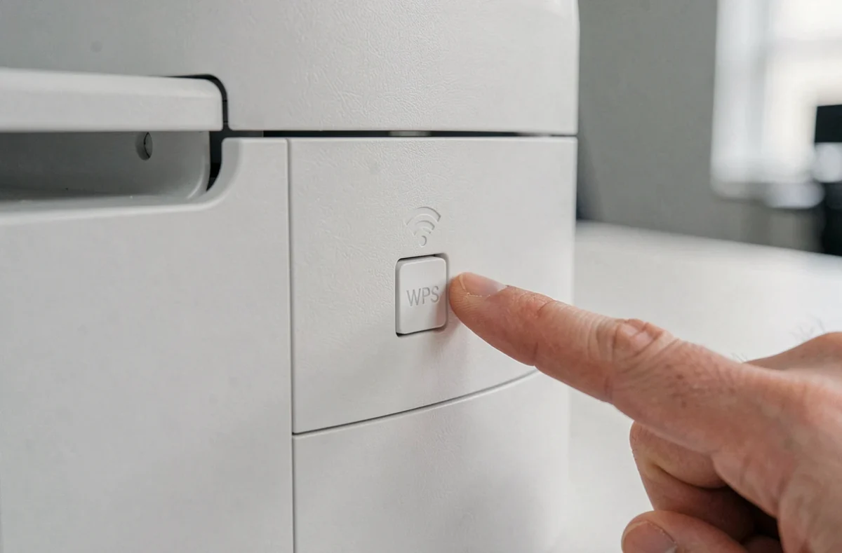 Gros plan sur le bouton WPS d'une imprimante avec un doigt prêt à appuyer pour la connexion Wi-Fi