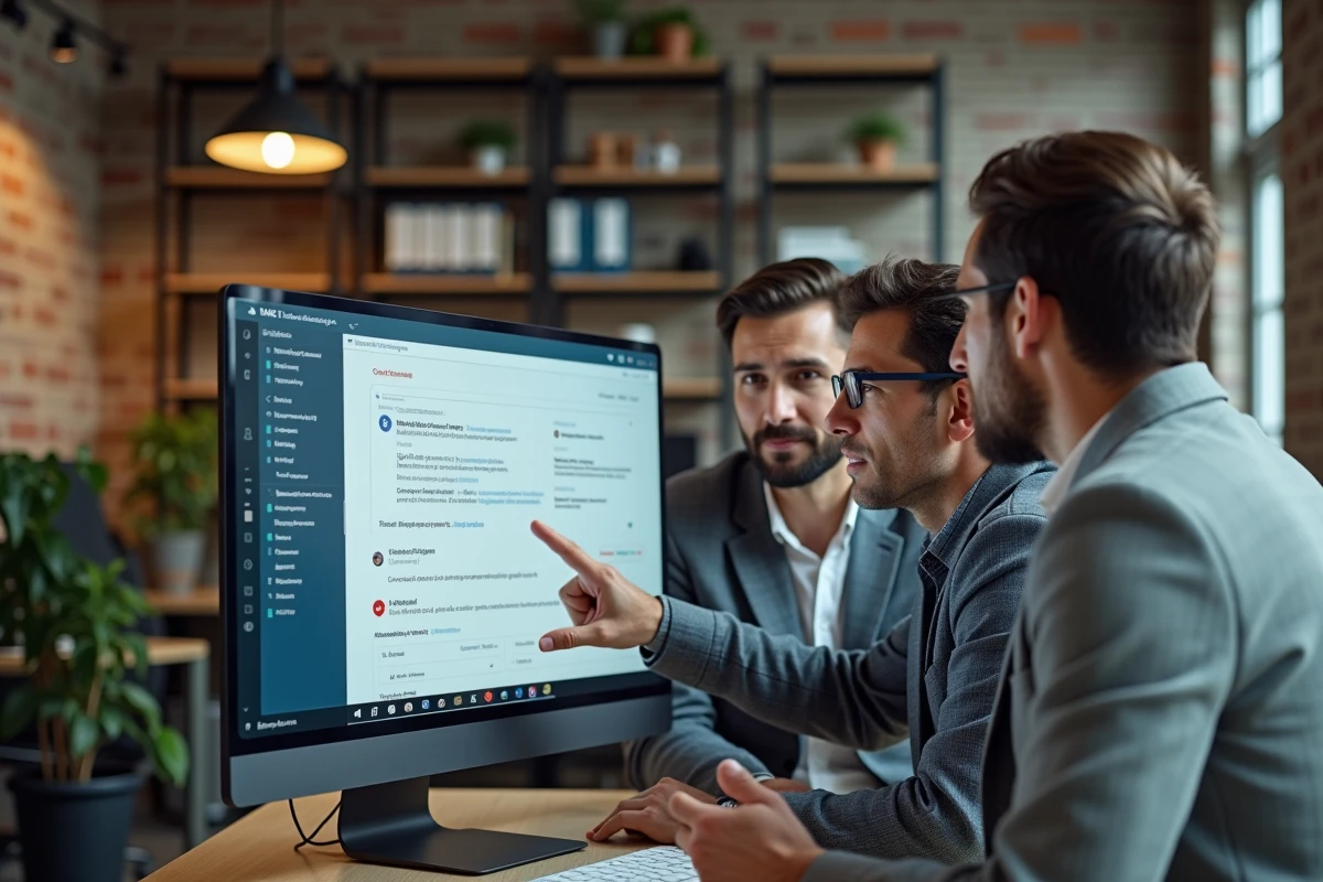 Groupe de professionnels adultes discutant d'une communauté FIMEM francophone sur un grand écran dans un espace de co-working