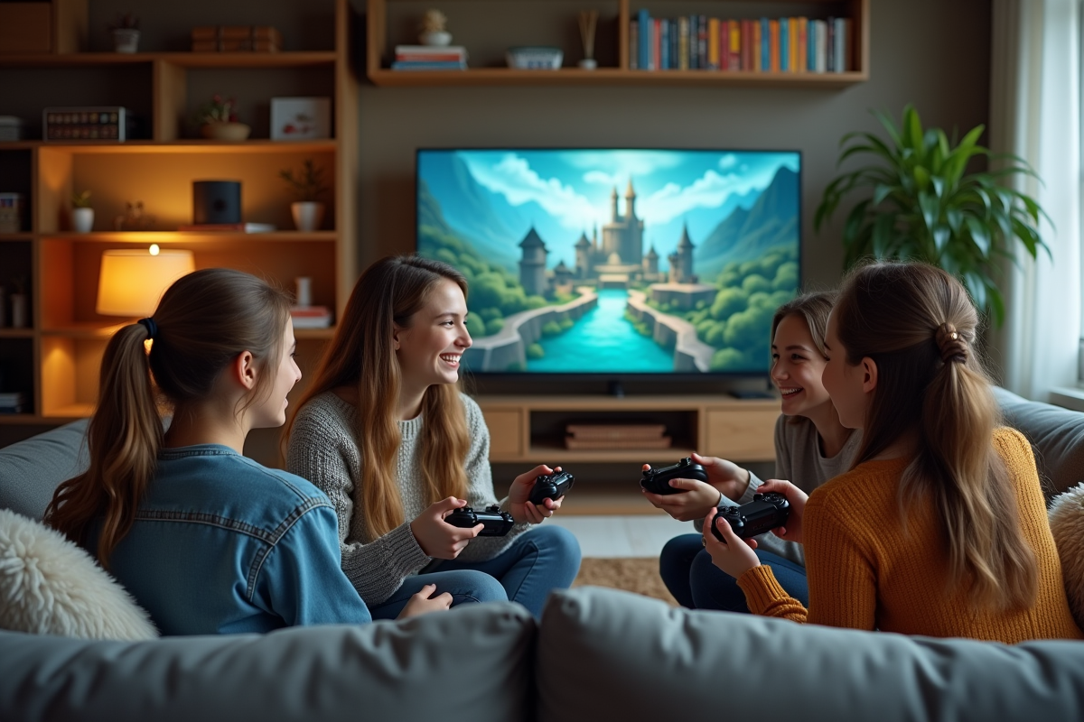 Groupe de jeunes jouant à un jeu vidéo dans un salon moderne