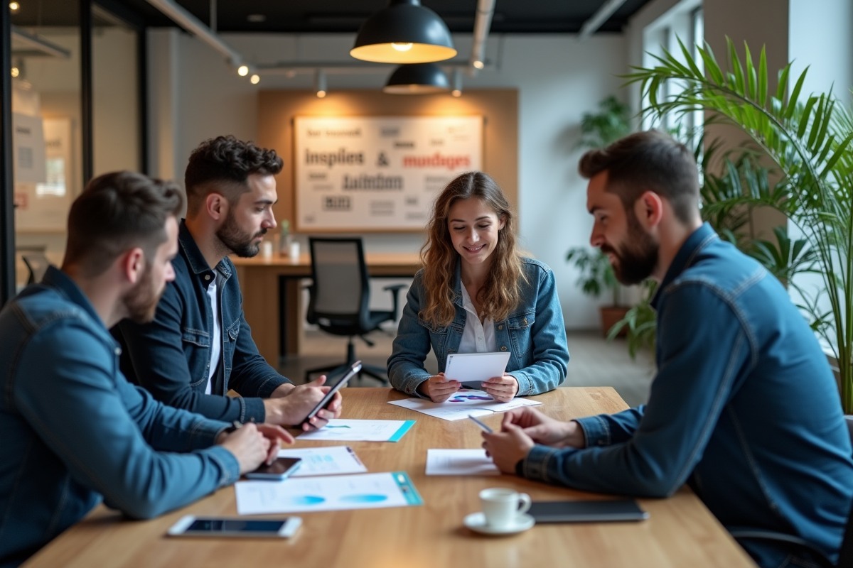 Groupe de professionnels discutant autour d