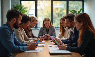Groupe diversifié utilisant des smartphones dans un bureau lumineux
