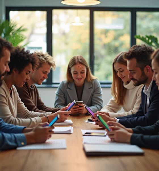 Groupe diversifié utilisant des smartphones dans un bureau lumineux