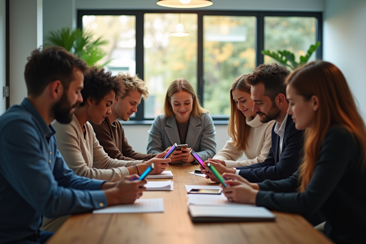 Groupe diversifié utilisant des smartphones dans un bureau lumineux