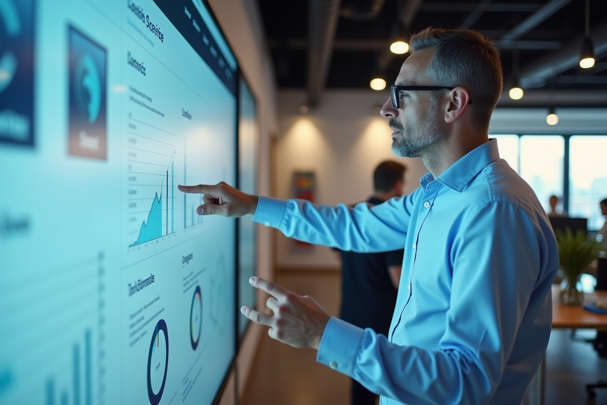 Homme expliquant des fonctionnalités CMS devant un grand écran