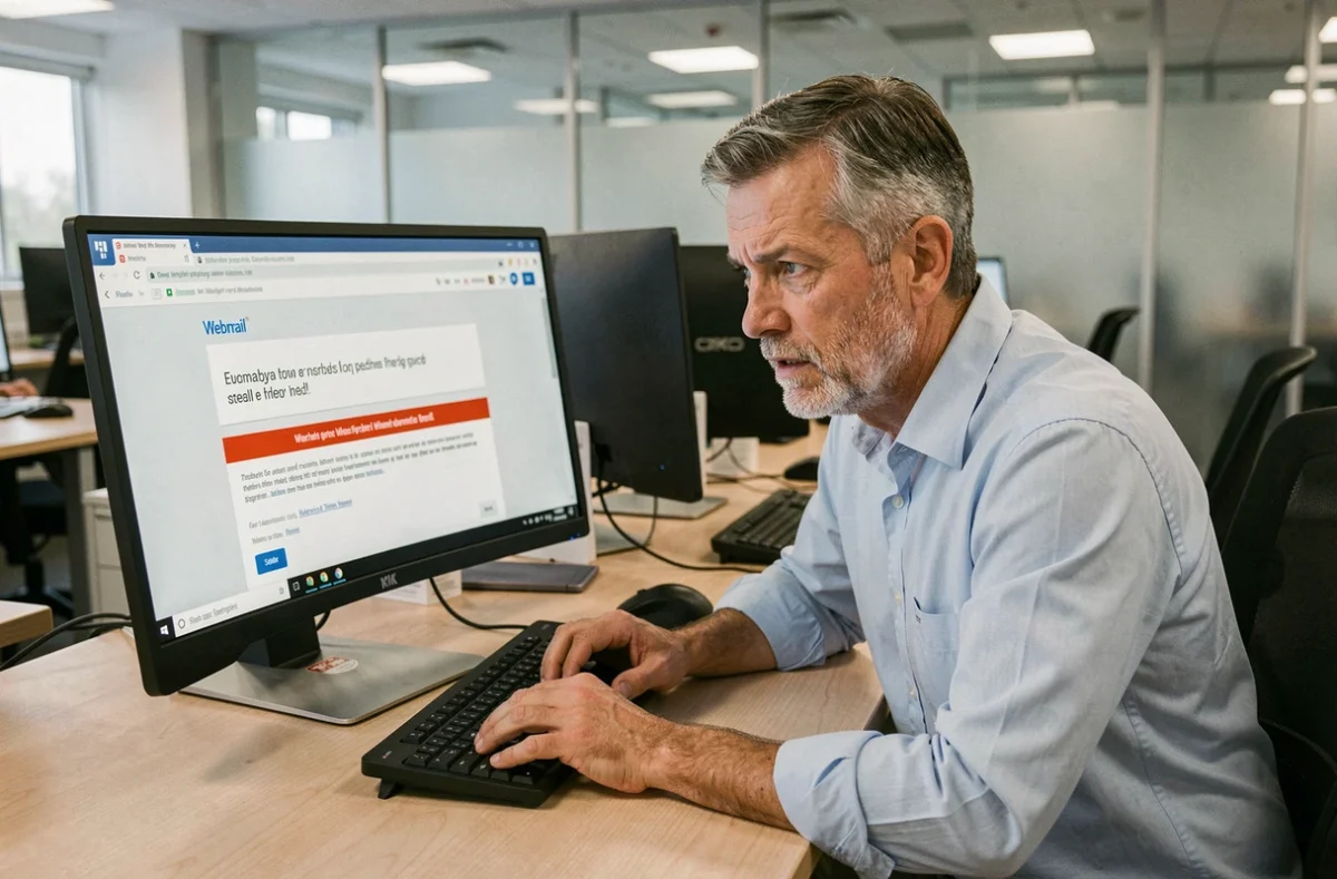 Homme en bureau confronté à une erreur de connexion webmail sur ordinateur de bureau