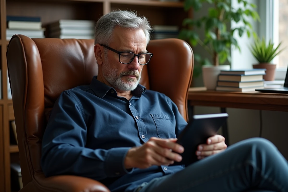 Homme adulte utilisant une liseuse Kindle Paperwhite dans un bureau à domicile entouré de livres physiques