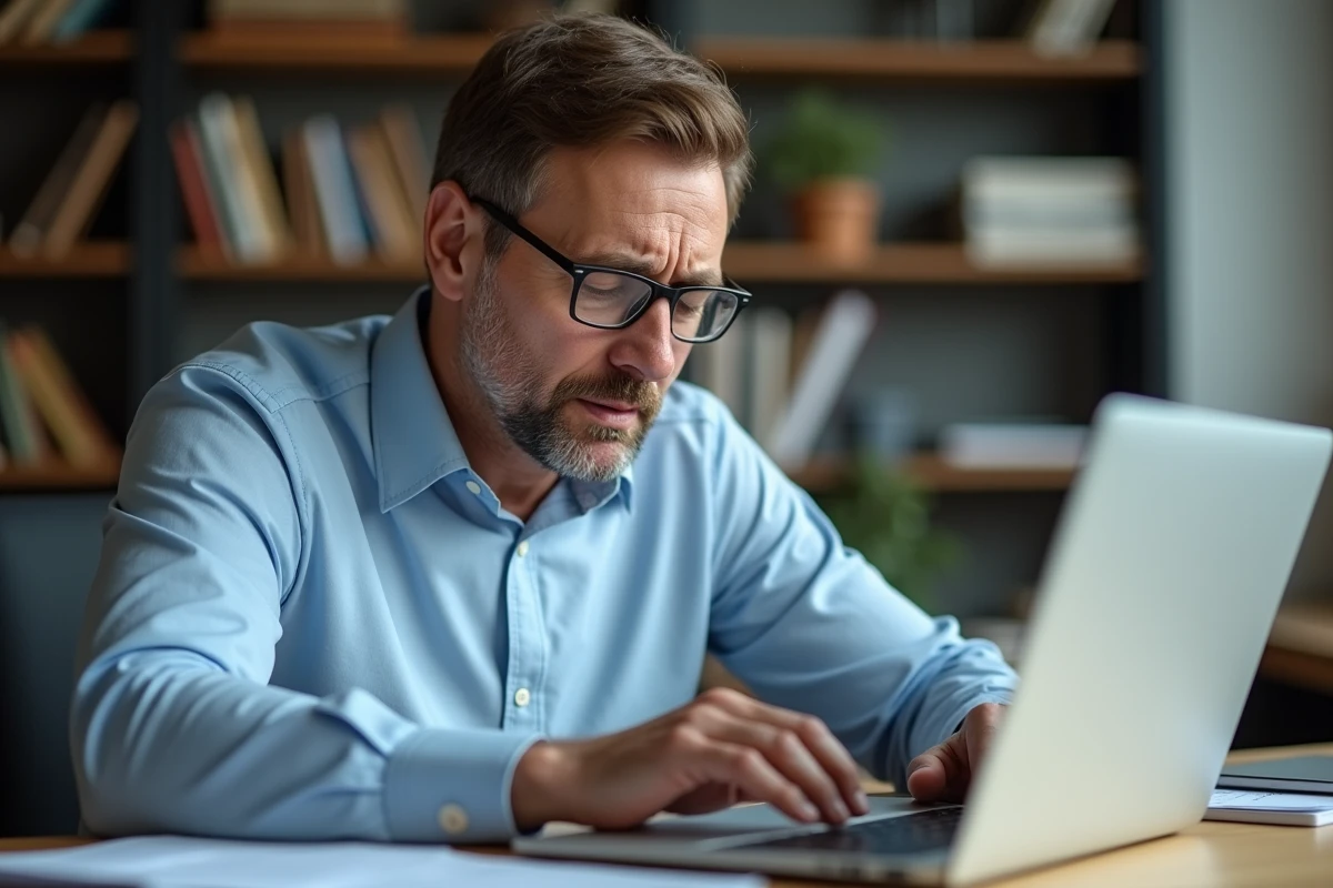 Homme d'âge moyen au bureau travaillant sur un ordinateur