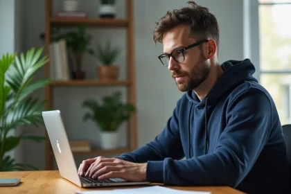 Homme en hoodie regardant un écran de sécurité informatique