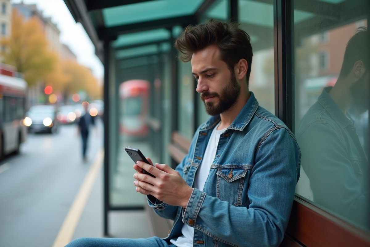 Homme au bus avec smartphone et chatbot en ville