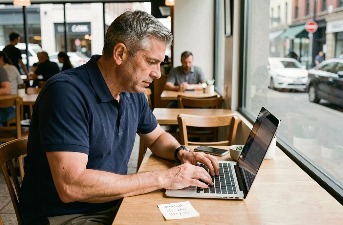 Homme consultant des codes ASCII sur un papier pour saisir des accents espagnols sur son ordinateur portable dans un café
