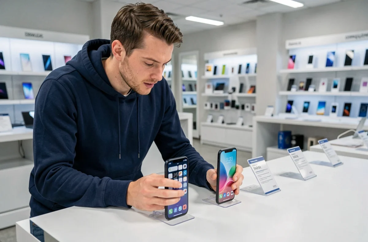 Homme comparant deux smartphones économiques en magasin, illustrant les meilleures offres téléphone à moins de 200 euros en 2026