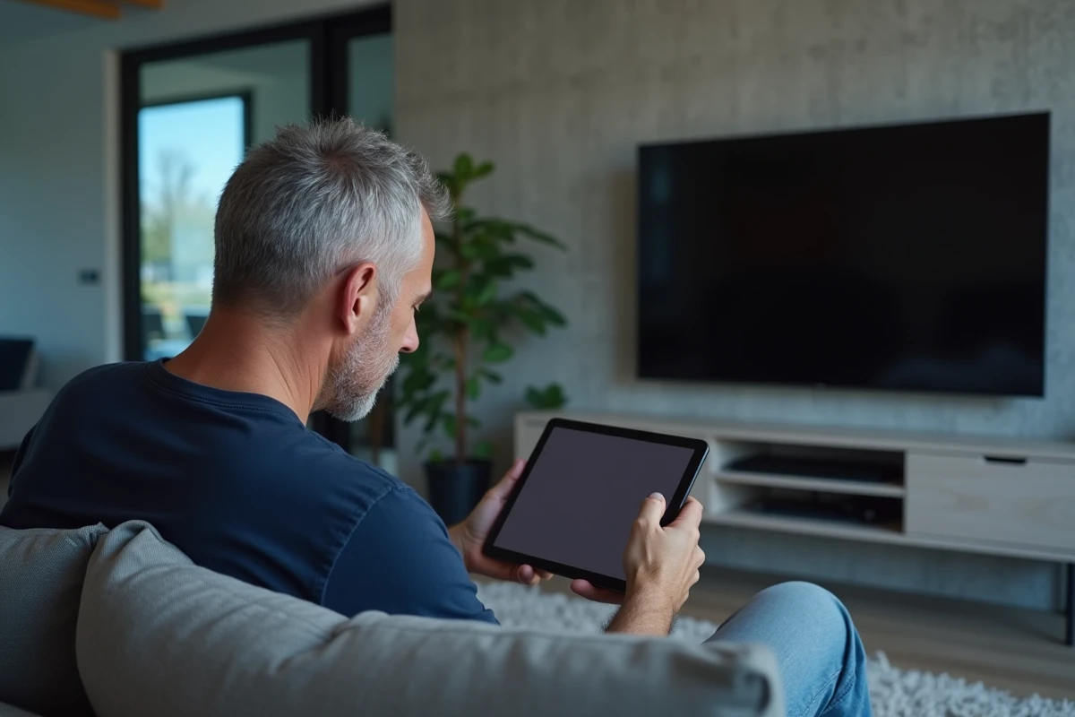 Homme comparant la taille d'une tablette et d'un téléviseur dans un salon moderne, pour illustrer l'importance de choisir la bonne taille d'écran selon la distance de vision
