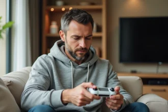 Un homme joue sur une console portable Sony dans son salon familial moderne, illustrant le partage de la PS5 en famille