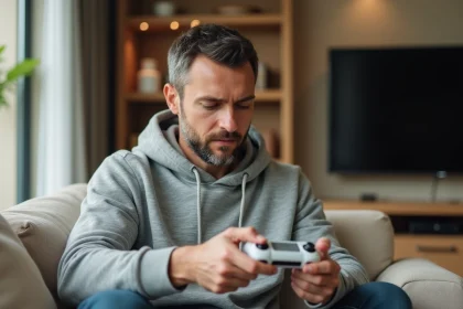 Un homme joue sur une console portable Sony dans son salon familial moderne, illustrant le partage de la PS5 en famille