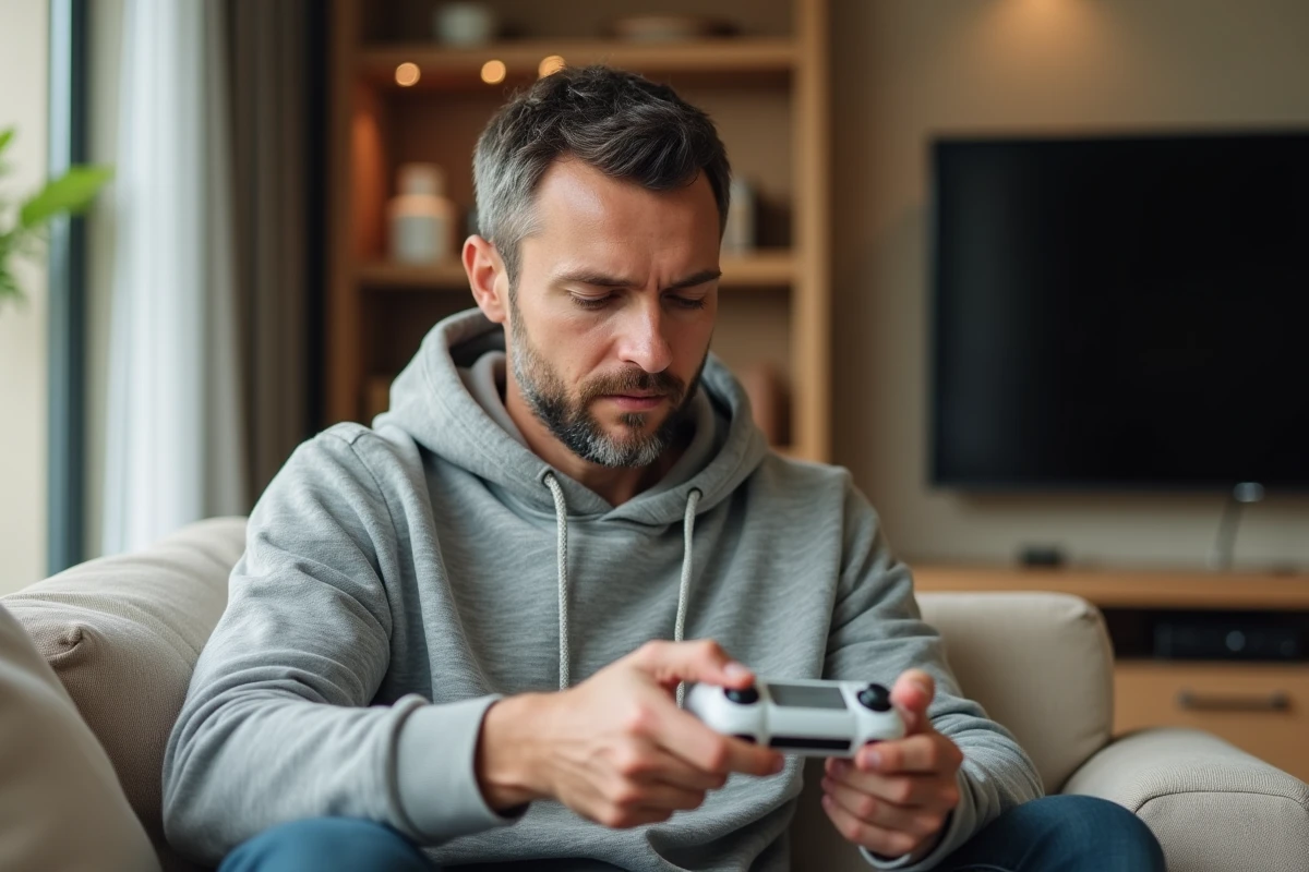 Un homme joue sur une console portable Sony dans son salon familial moderne, illustrant le partage de la PS5 en famille