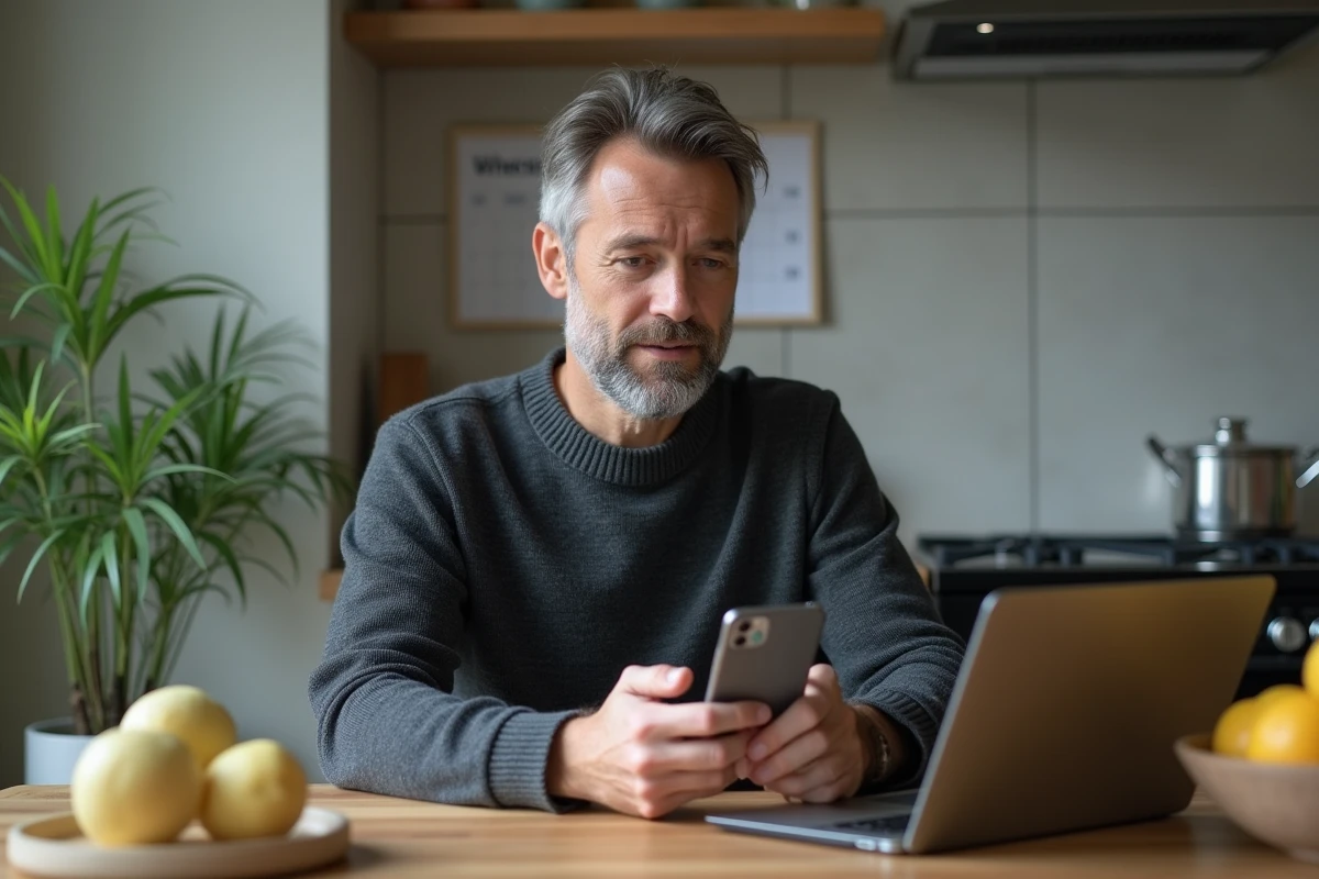 Homme avec smartphone et tablette dans une cuisine moderne