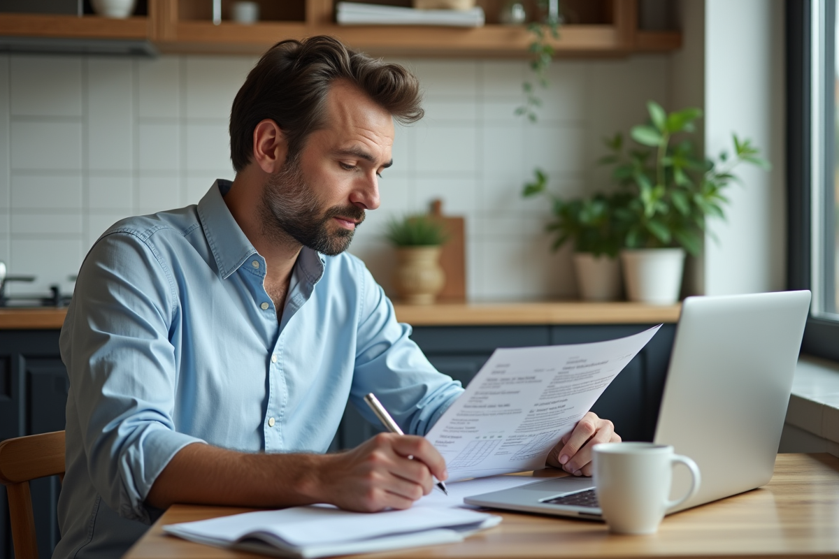 Homme au cuisine analysant un PDF et prenant des notes