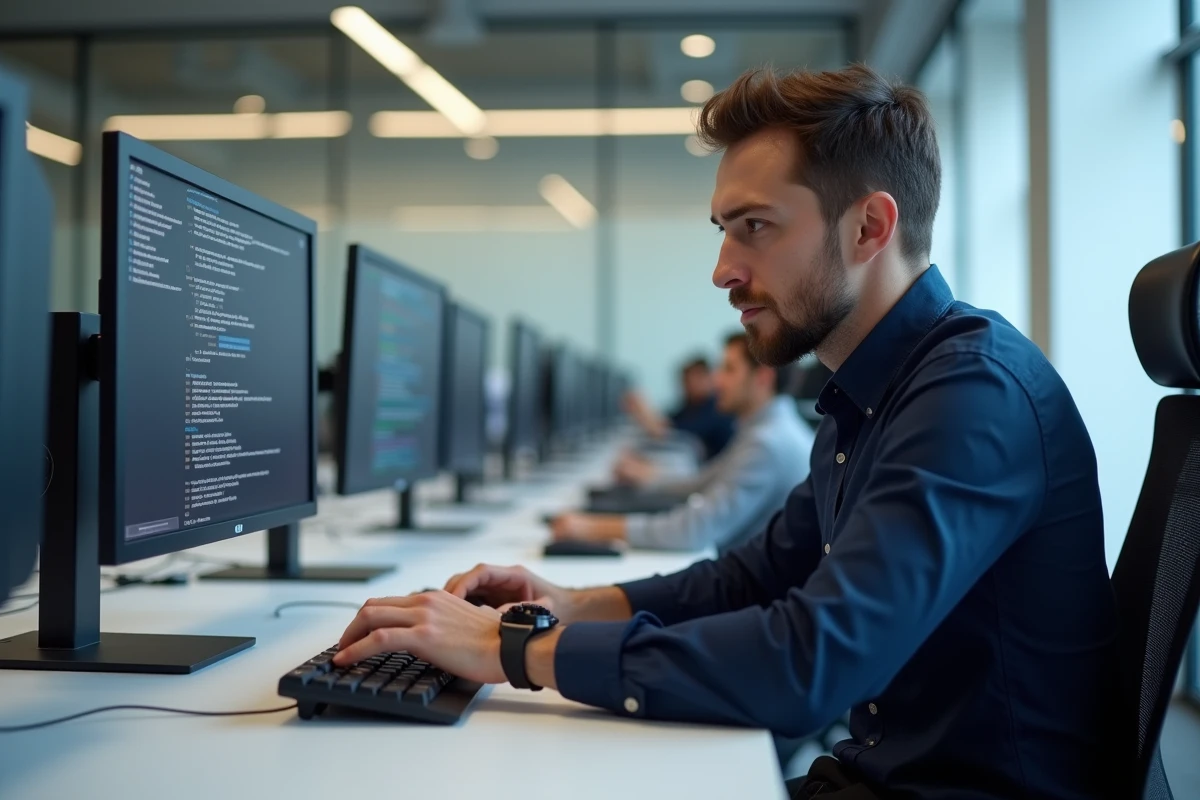 Homme en bureau moderne utilisant la mise en forme italique sur Discord