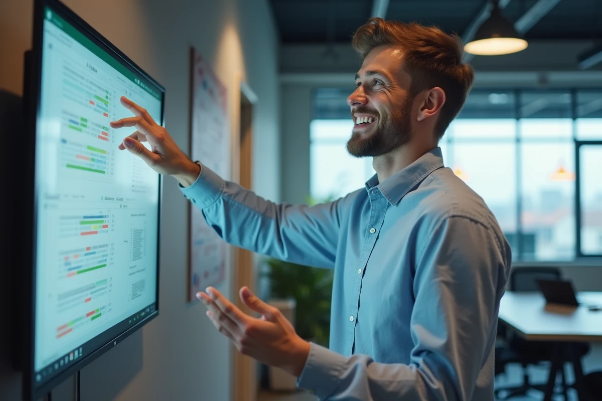 Jeune homme expliquant des formules Excel devant un grand écran