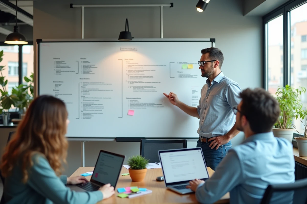 Homme en réunion expliquant des diagrammes devant un tableau interactif