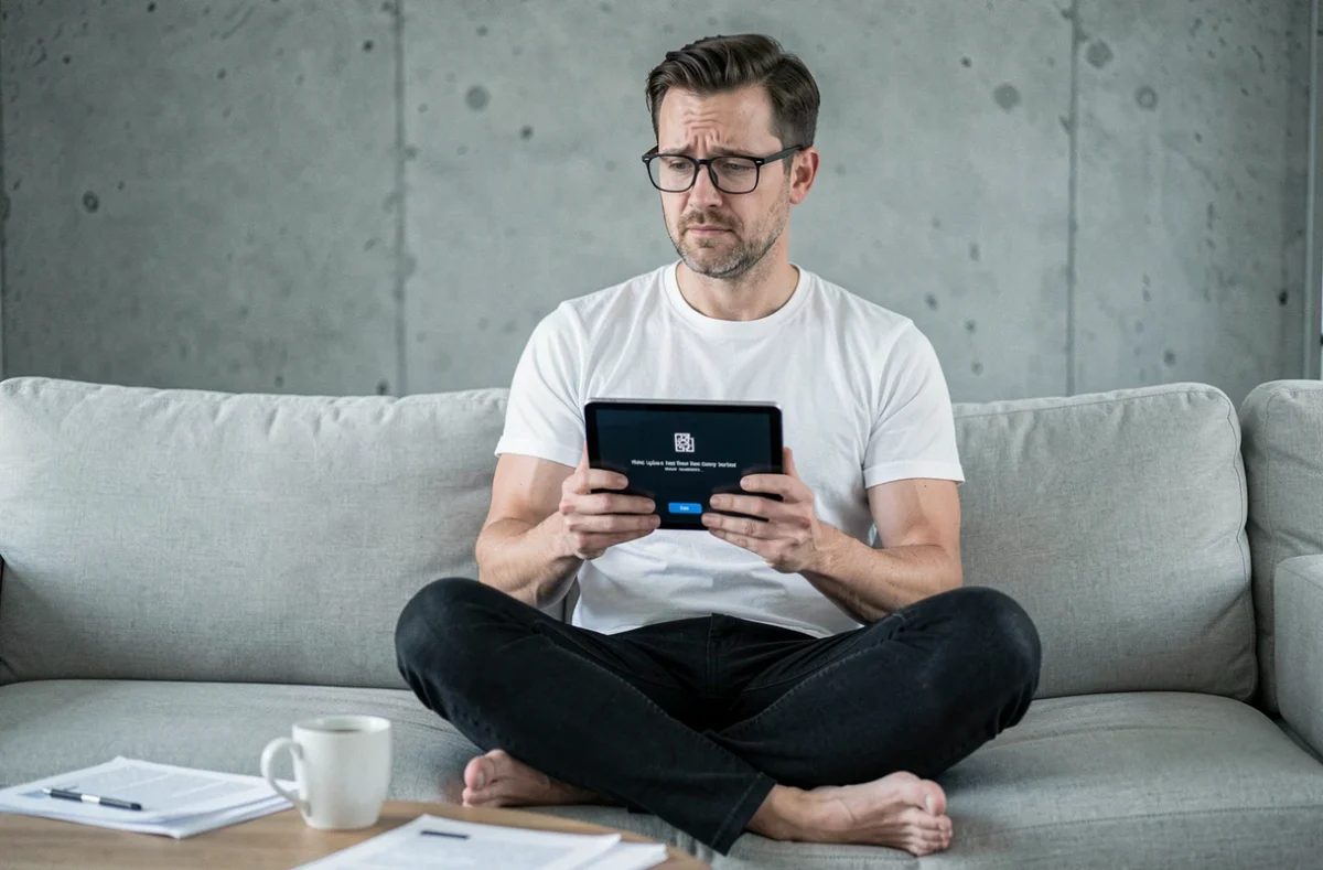 Homme confus face à un message d'erreur lors de l'upload d'images depuis une tablette, représentant les problèmes courants de téléchargement de fichiers