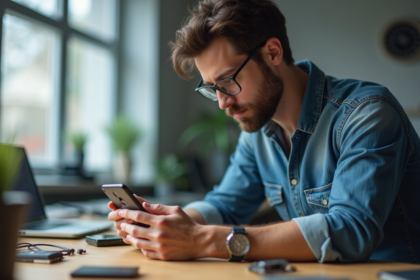 Homme en denim examine son smartphone dans un bureau