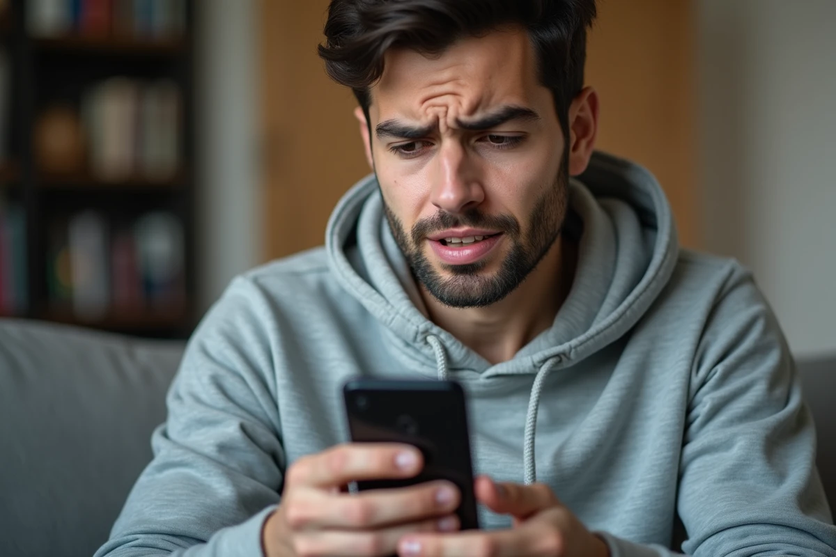 Homme frustré regardant son smartphone avec un message d'erreur de connexion sur un site de streaming mobile
