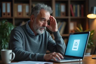 Homme frustré devant son ordinateur portable attendant le chargement de sa messagerie Webmail Orange