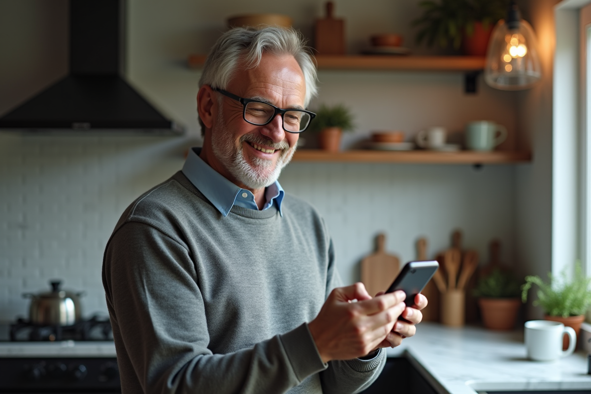 Homme dans la cuisine tenant un smartphone avec email de désabonnement