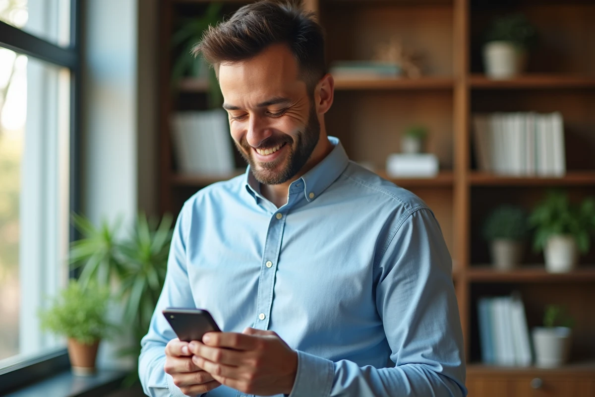 Homme d age moyen vérifiant son smartphone dans un bureau chaleureux