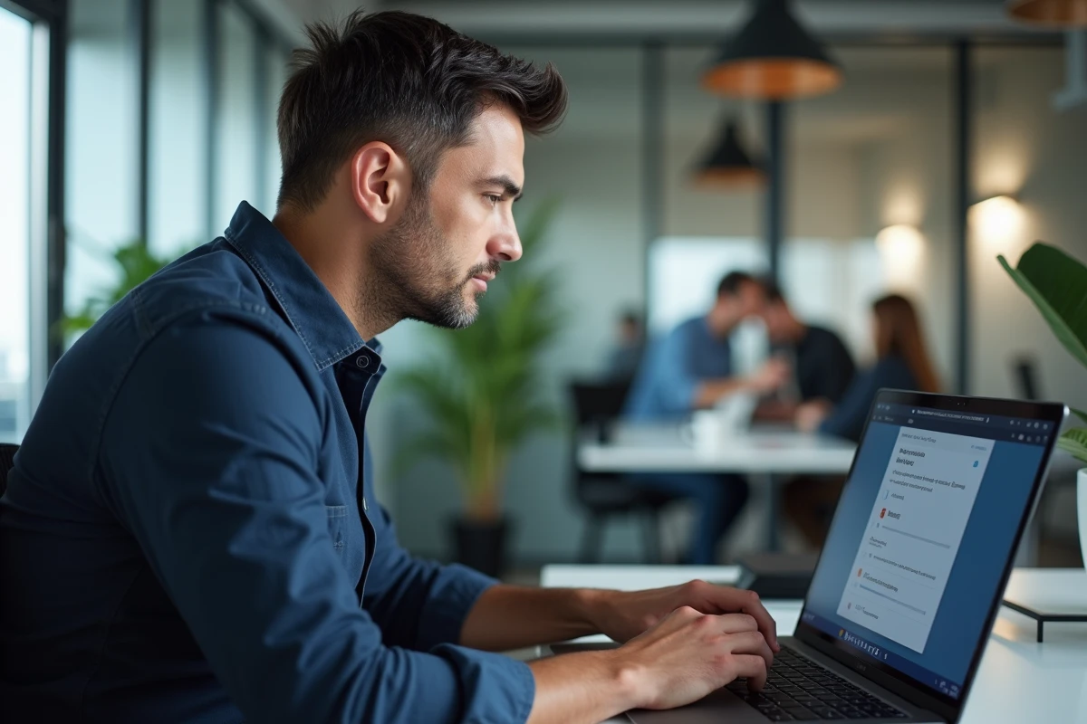 Homme en open space consultant les options d'inversion de clavier sur Windows dans un bureau moderne
