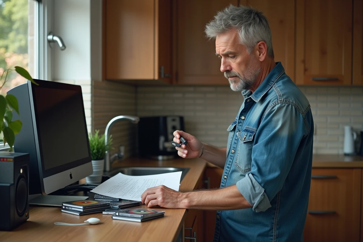 Homme organisant ses playlists musicales sur clé USB dans une cuisine moderne