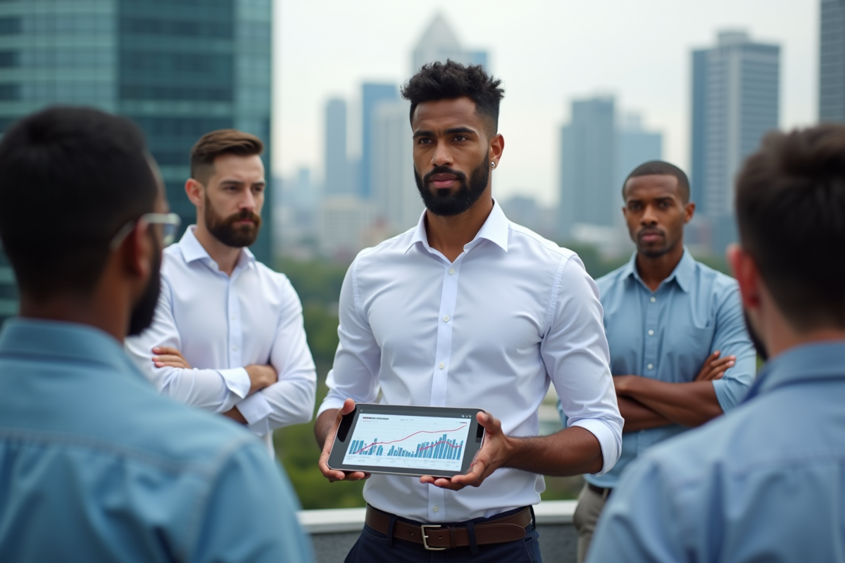 Homme présentant des graphiques SEO à une équipe en extérieur