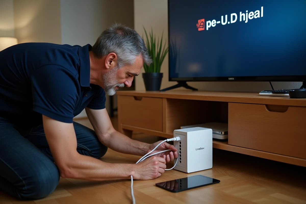 Homme redémarrant sa Livebox en débranchant le câble d'alimentation dans un salon avec meuble TV