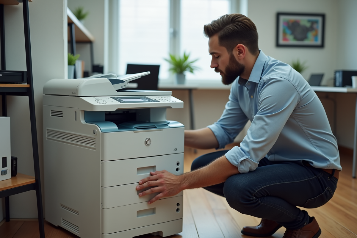 Jeune homme réparant une imprimante en pause