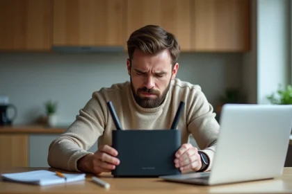 Homme frustré vérifiant son routeur internet à la maison