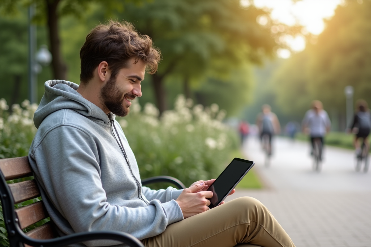 Homme utilisant une tablette pour uploader des photos dans un parc