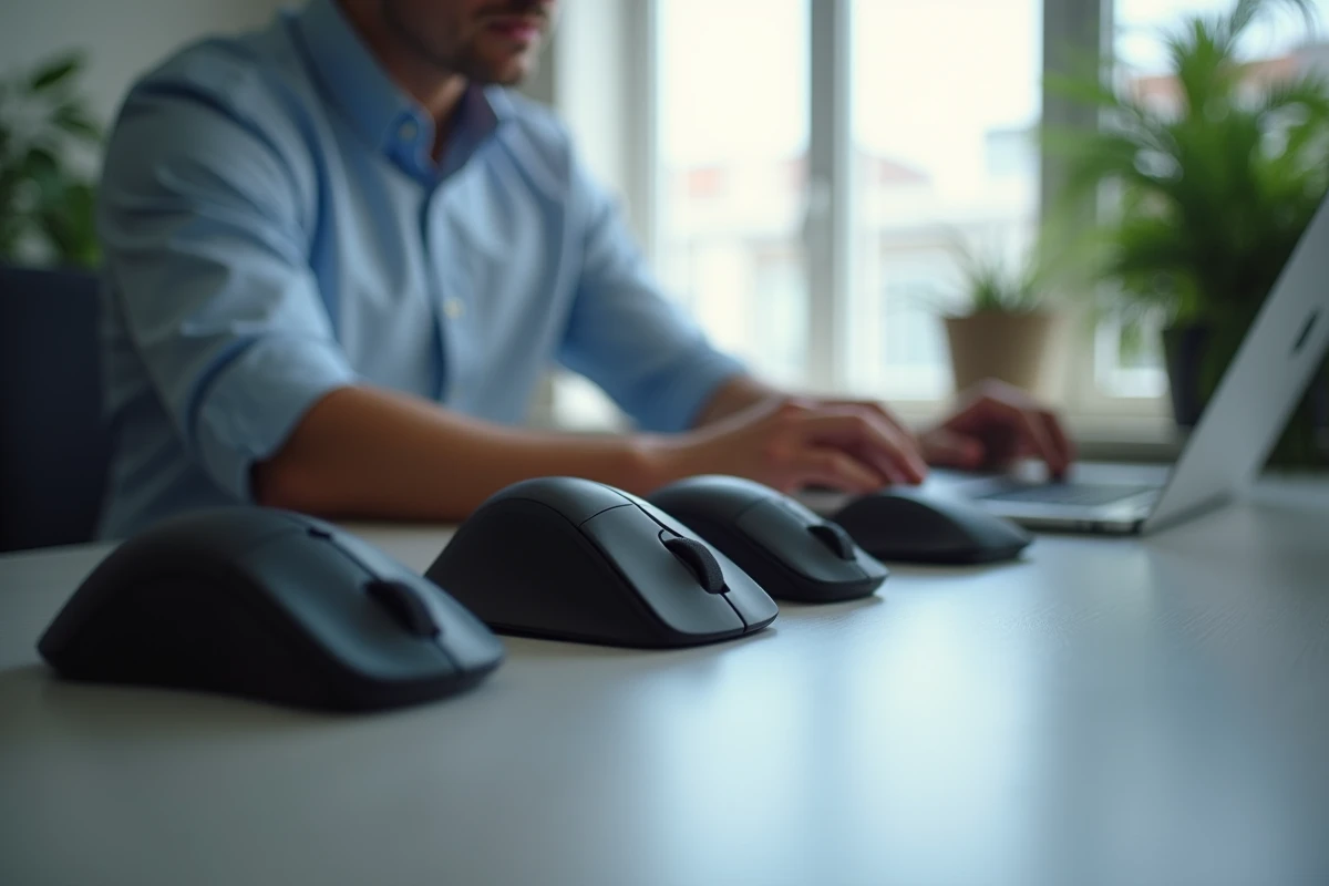 Homme en télétravail testant plusieurs souris ergonomiques sur un bureau