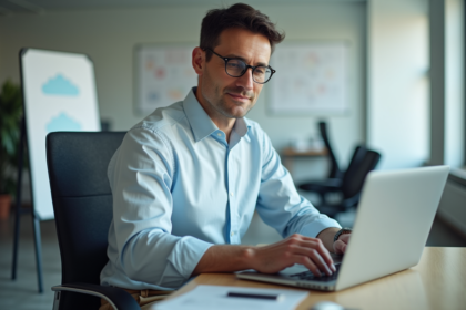 Homme d'âge moyen travaillant sur un ordinateur dans un bureau moderne