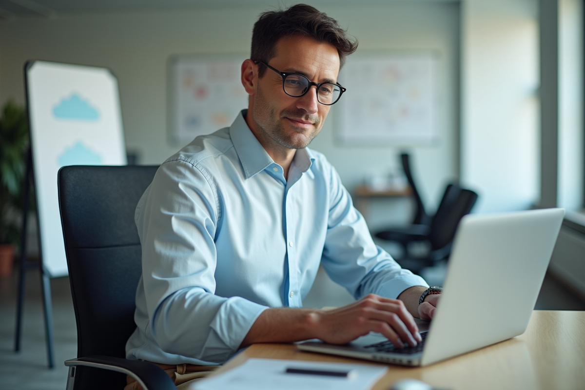 Homme d'âge moyen travaillant sur un ordinateur dans un bureau moderne