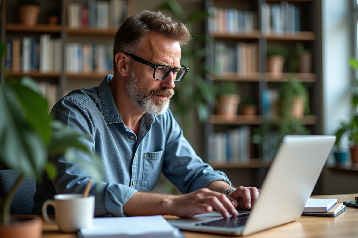 Homme concentré travaillant sur ordinateur dans un bureau moderne