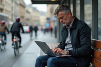 Homme d'affaires regardant son ordinateur à un arrêt de bus parisien
