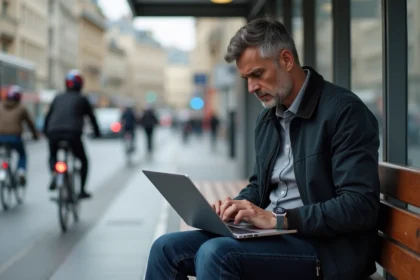 Homme d'affaires regardant son ordinateur à un arrêt de bus parisien