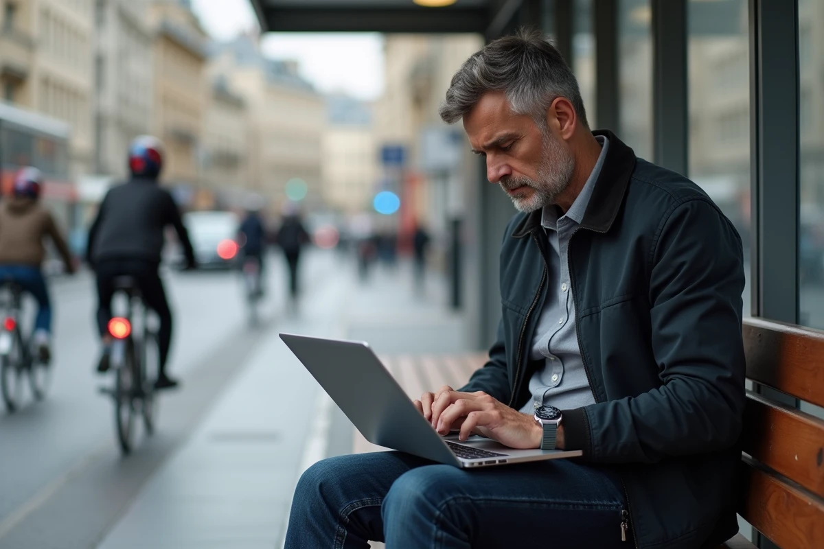 Homme d'affaires regardant son ordinateur à un arrêt de bus parisien
