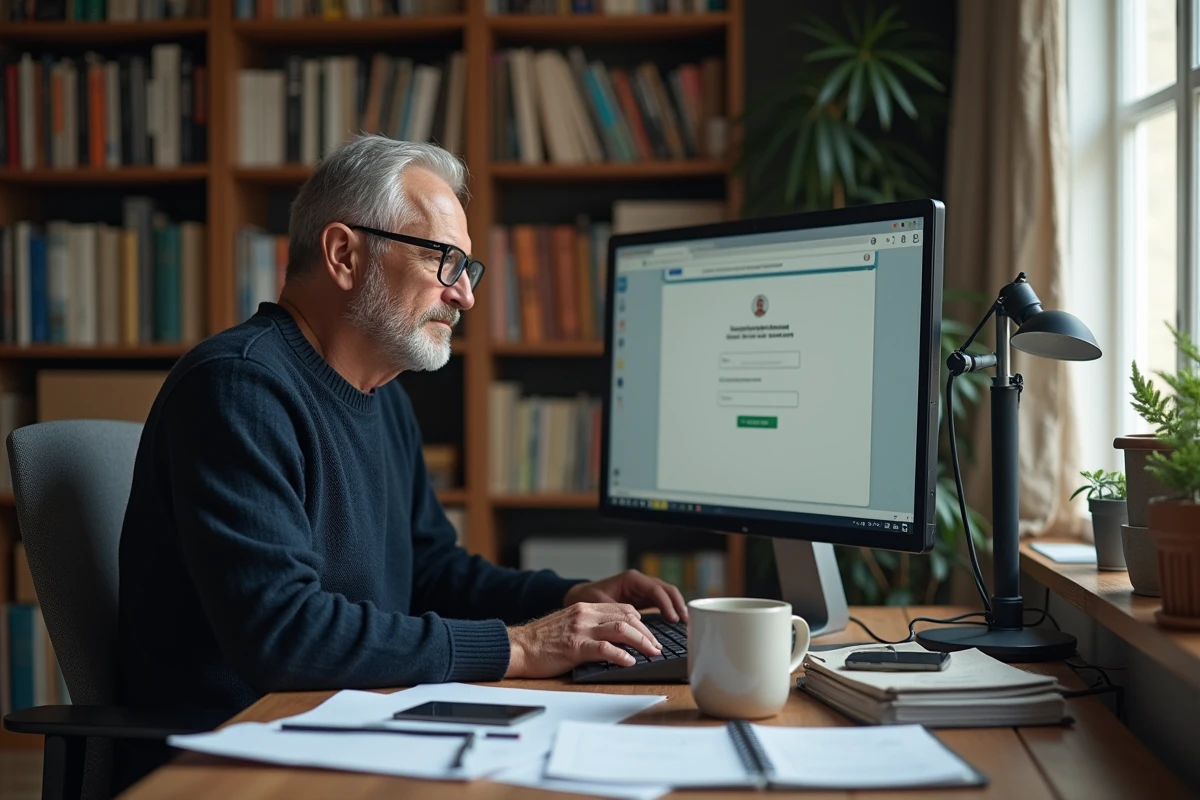 Homme consultant sa messagerie webmail ia37 sur un ordinateur de bureau dans un espace de travail à domicile