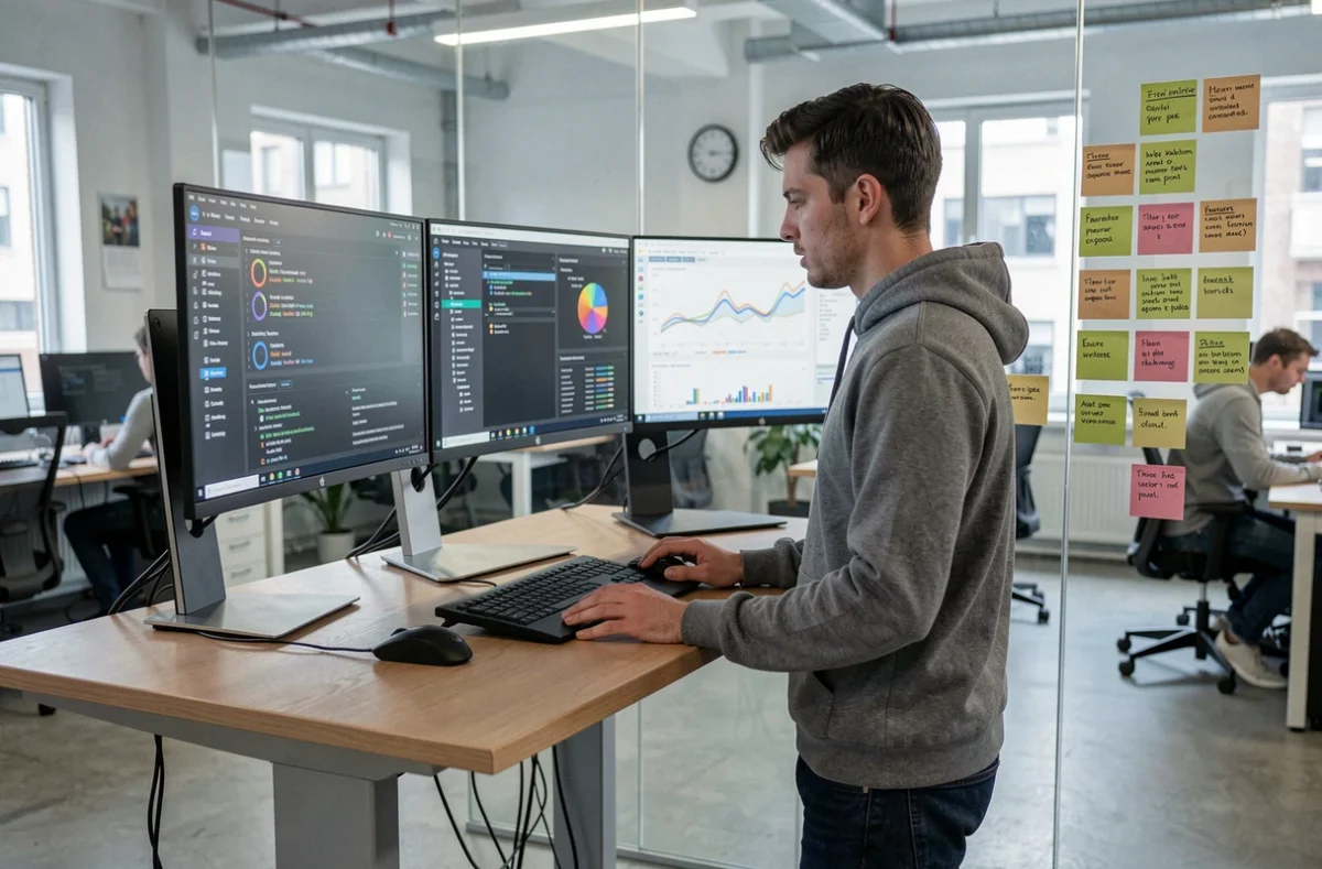 Développeur et architecte de solutions d'Inekia travaillant sur des interfaces logicielles personnalisées dans un espace de travail moderne