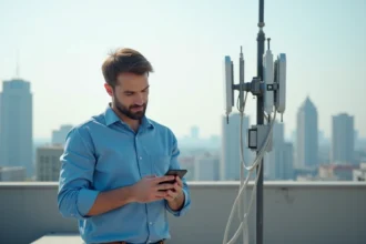 Jeune ingénieur examinant une antenne télécom sur le toit