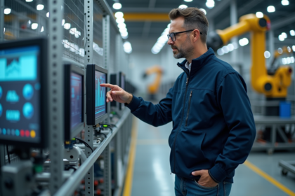 Ingénieur industriel homme utilisant un ordinateur dans une usine moderne