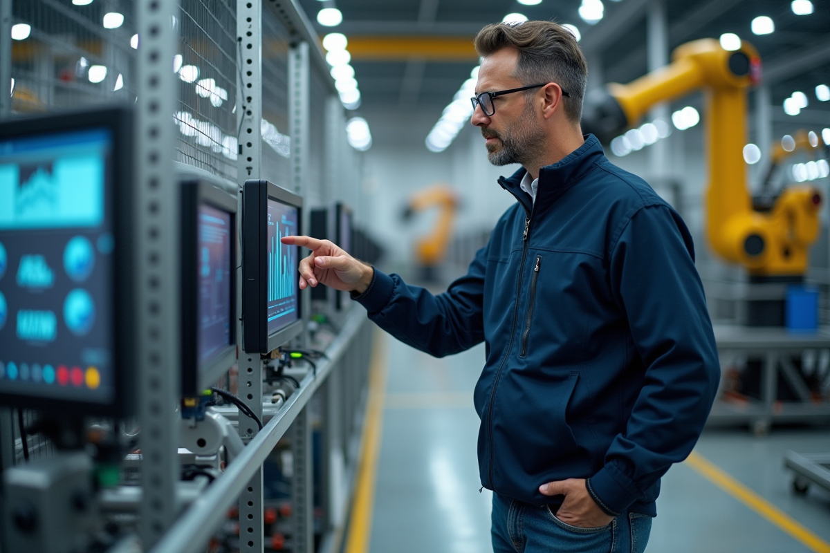 Ingénieur industriel homme utilisant un ordinateur dans une usine moderne