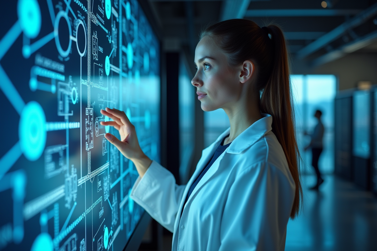 Jeune femme ingénieure interagit avec interface neuronale